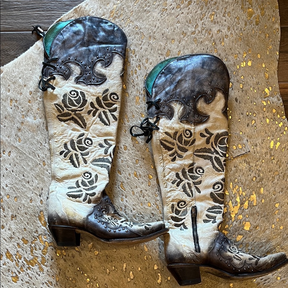 Corral Black and Cream Floral Heeled Boots